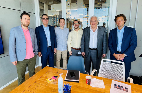 Yaron Carni (Left), former U.S. Treasury Secretary Steven Mnuchin, Perimeter 81’s Amit Bareket and Sagi Gidali, former Ambassador David Friedman and a fund employee Photo: Michael Novoselov