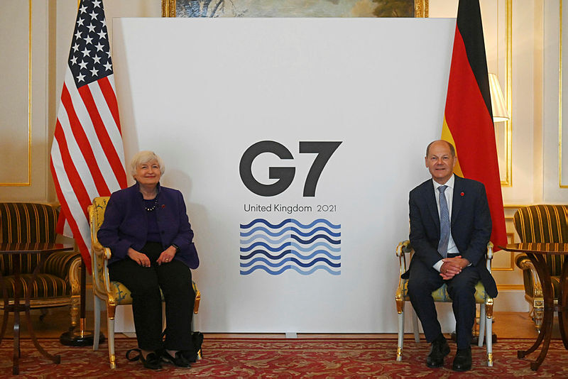 U.S Treasury Secretary Janet Yellen (Left) and German Finance Minister Olaf Scholz at the G7 Summit  Photo: Getty 